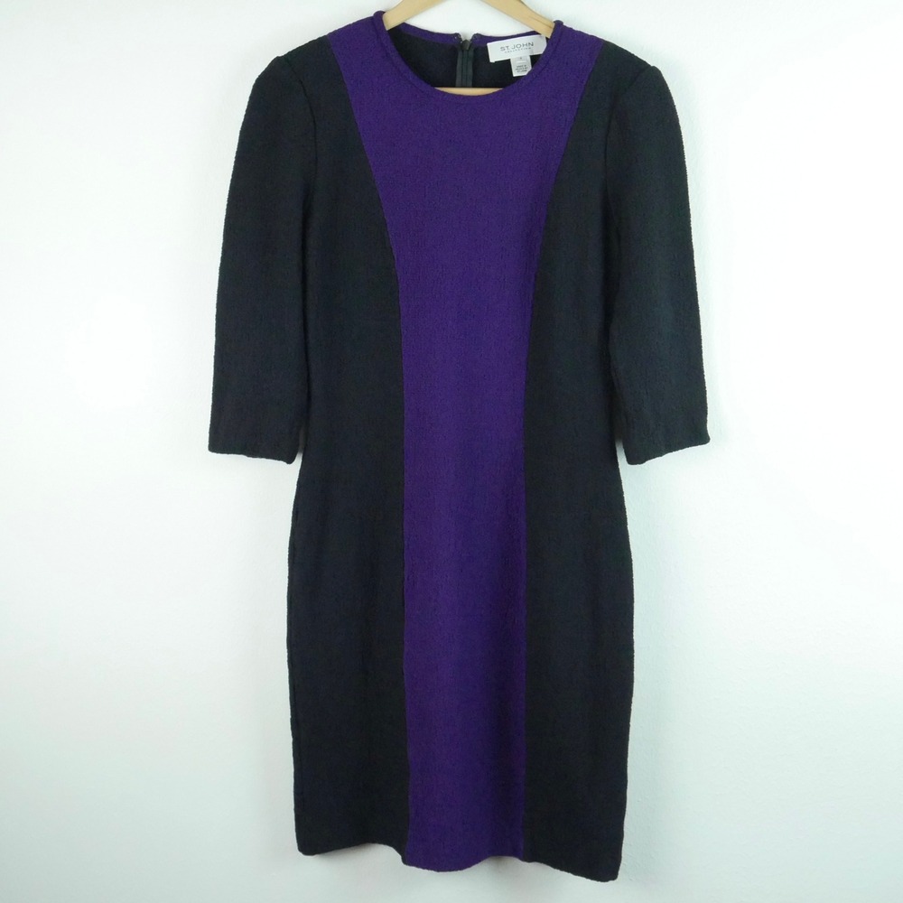 St John Collection Knit Sheath Dress Black Purple Colorblock Wool Blend Size 4